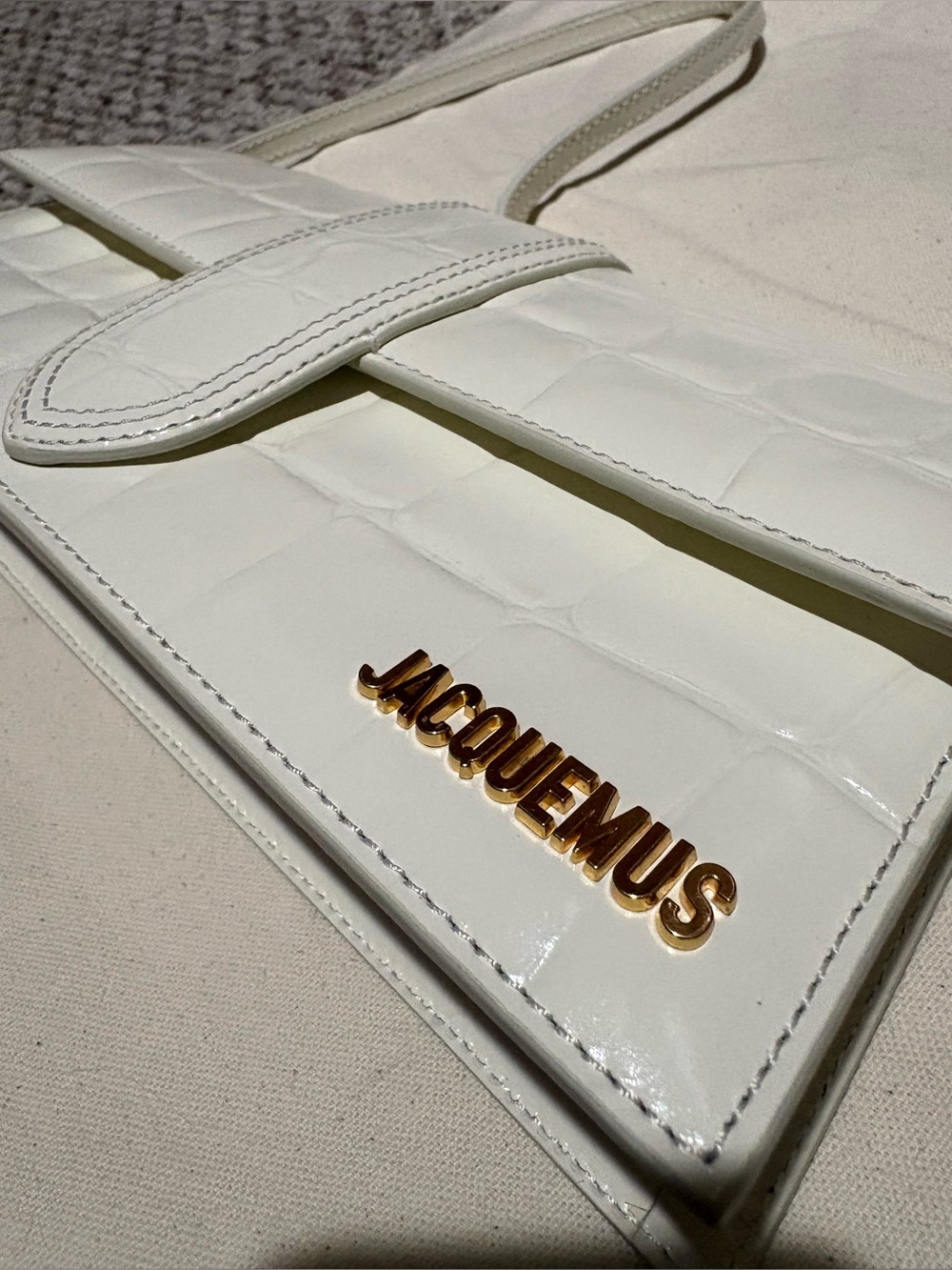 Jacquemus Long Le Bambino Shoulder Bag - White Croc Embossed Leather-With CoA